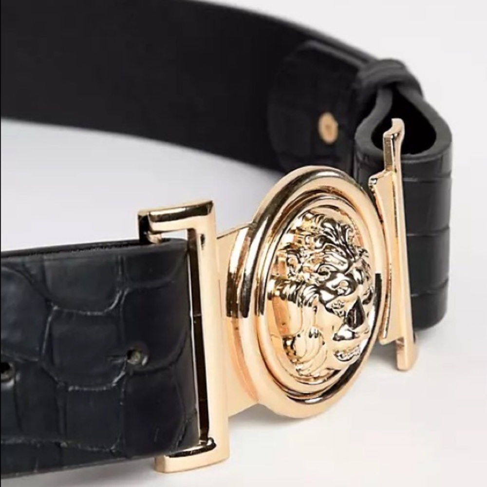 MY ACCESSORIES London Exclusive black faux croc gold clip buckle Belt